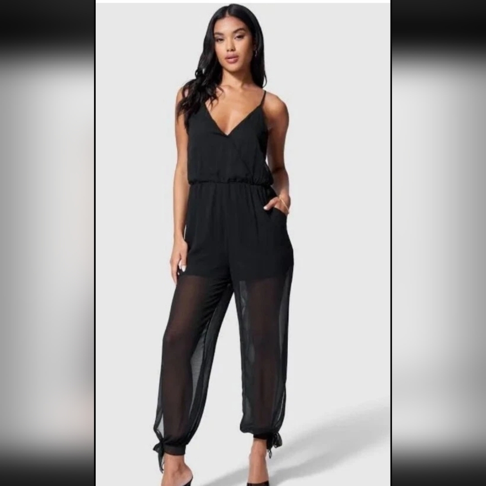 Bebe Black V-Neck Jumpsuit with Wide-Leg Pants